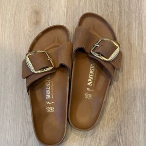 Birkenstock Madrid Tan Sandals with Gold Buckle